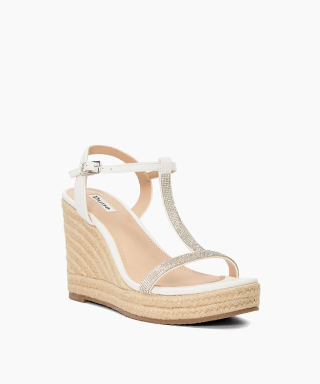 Dune London Kitten - White Diamante Leather Wedge Sandals