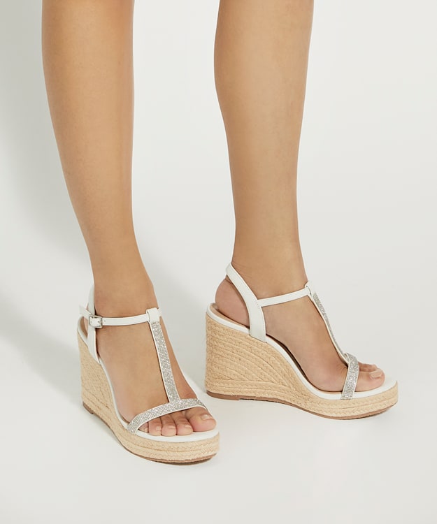 Dune London Kitten - White Diamante Leather Wedge Sandals
