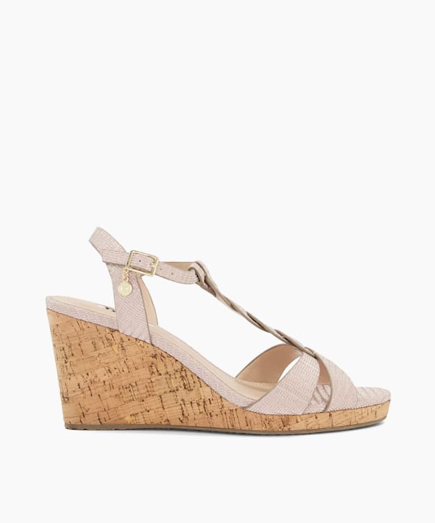 dune london Koala - Rose Gold Plait T-Bar Strap Cork Wedge Heel