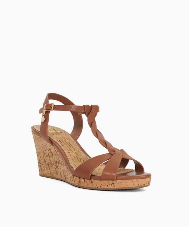Dune London Koala - Tan Plait T-Bar Strap Cork Wedge Heel