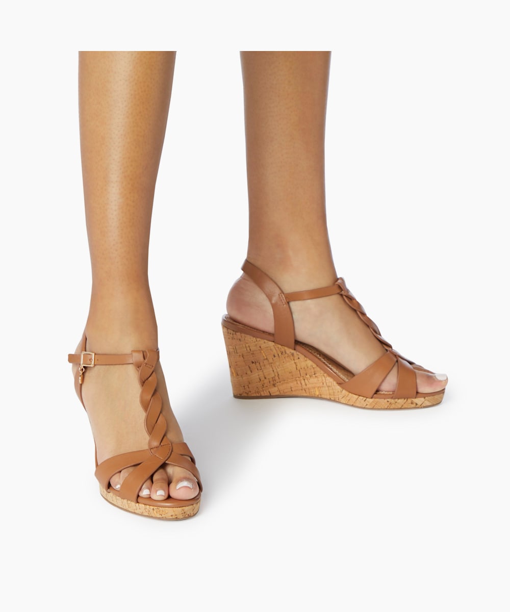 Dune London Koala - Tan Plait T-Bar Strap Cork Wedge Heel