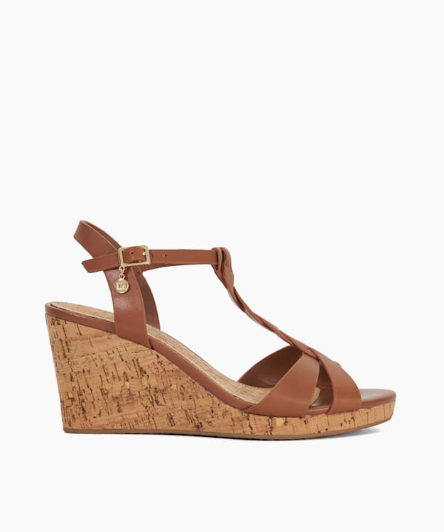 dune london Koala - Tan Plait T-Bar Strap Cork Wedge Heel