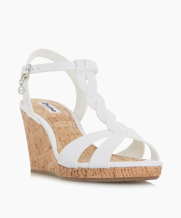 Dune London Koala - White Plait T-Bar Strap Cork Wedge Heel