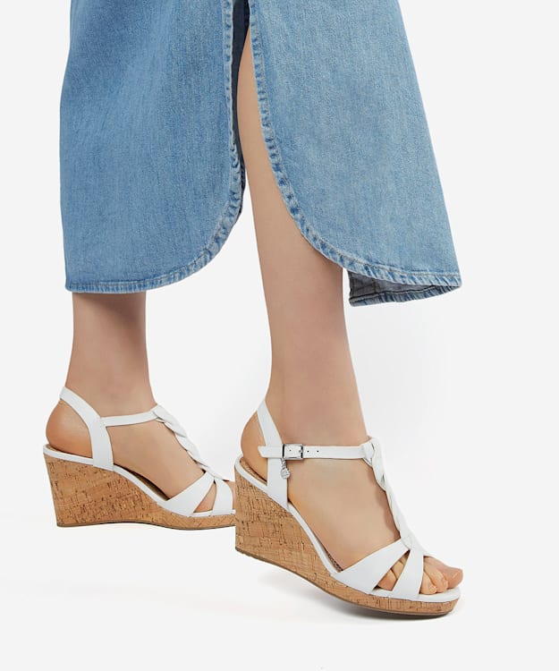 Dune London Koala - White Plait T-Bar Strap Cork Wedge Heel