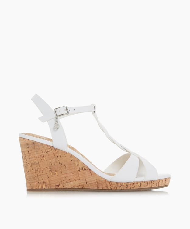 dune london Koala - White Plait T-Bar Strap Cork Wedge Heel