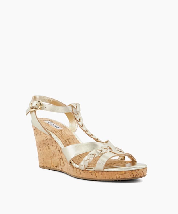 Dune London Koali - Gold Plait Metallic Leather Cork Wedge Sandals