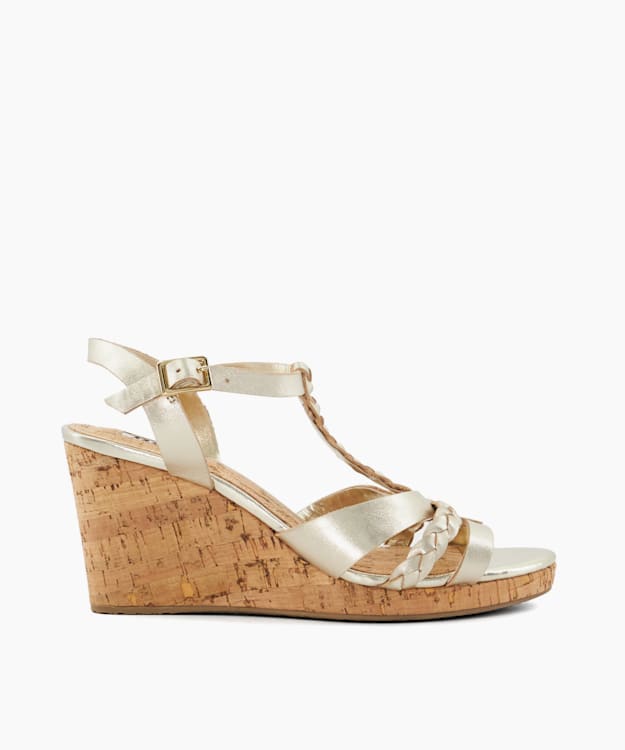 dune london Koali - Gold Plait Metallic Leather Cork Wedge Sandals