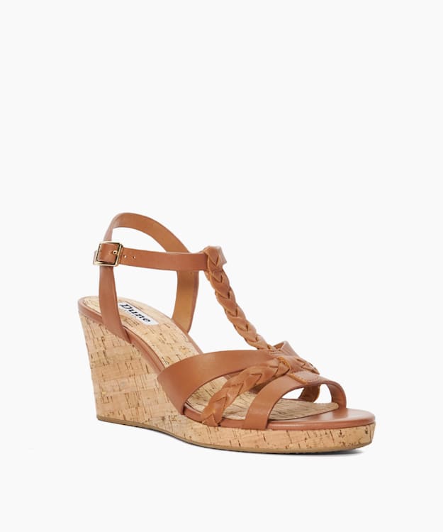 Dune London Koali - Tan Plait Strap Cork Wedge Sandals