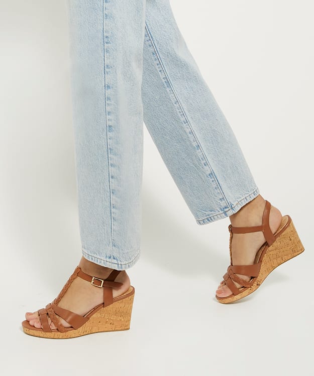 Dune London Koali - Tan Plait Strap Cork Wedge Sandals
