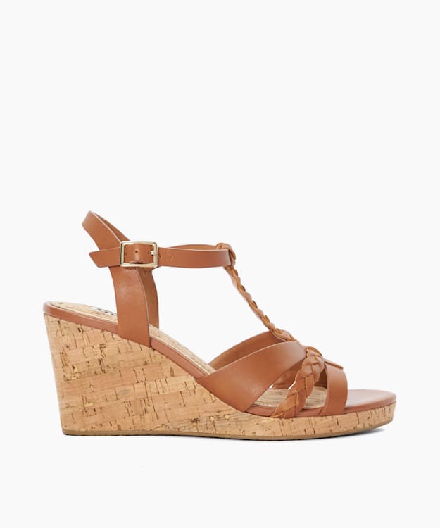 dune london Koali - Tan Plait Strap Cork Wedge Sandals