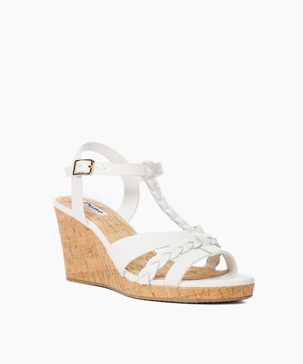 Dune London Koali - White Wide Fit Plaited Leather Cork Wedge Sandals
