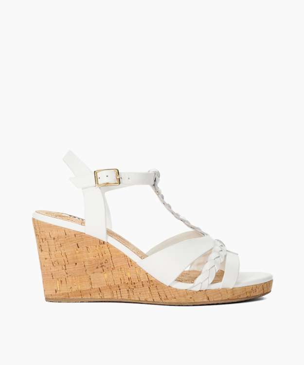 dune london Koali - White Wide Fit Plaited Leather Cork Wedge Sandals
