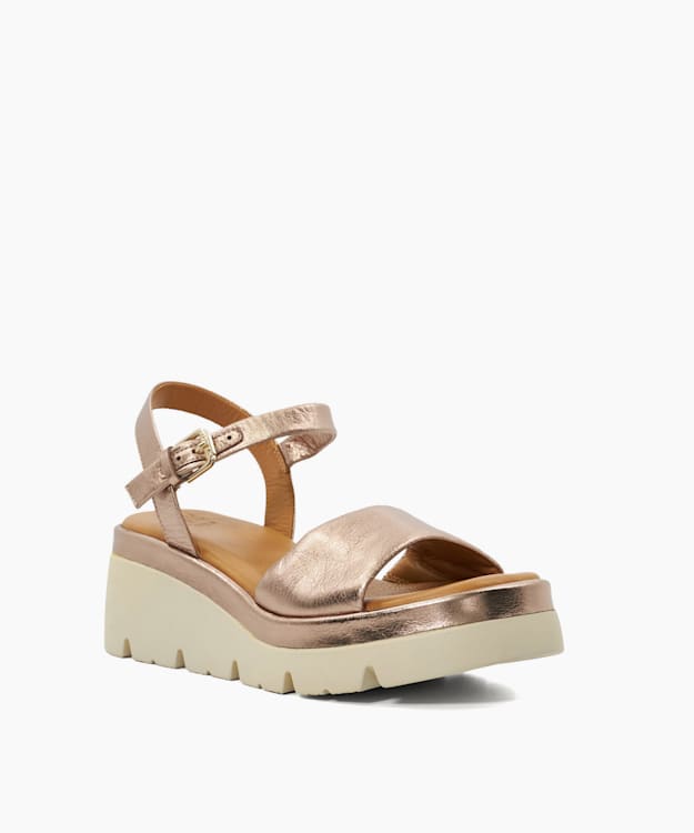 Dune London Komodo - Rose Gold Metallic Leather Wedge Heeled Sandals