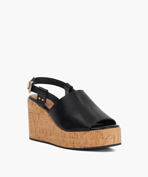 Dune London Kosley - Black Leather Open Toe Wedge Heels