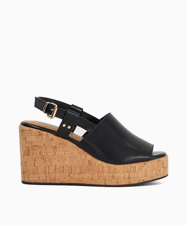 dune london Kosley - Black Leather Open Toe Wedge Heels