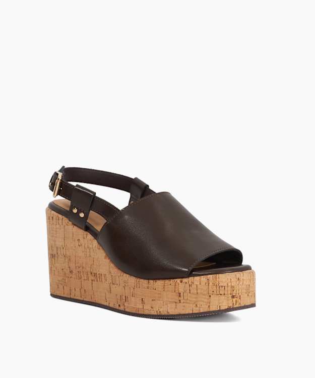 Dune London Kosley - Brown Leather Open Toe Wedge Heels