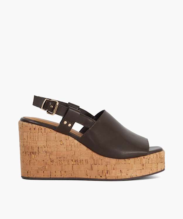 dune london Kosley - Brown Leather Open Toe Wedge Heels