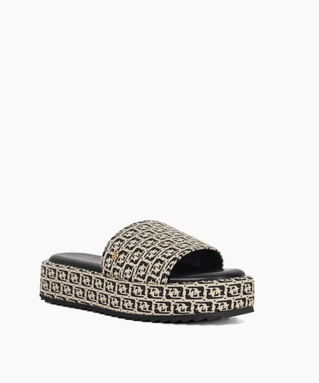 Dune London Lanie - Black White Monogram Print Slip On Flatform Slider