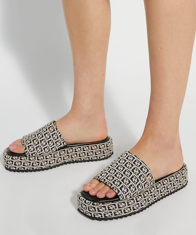 Dune London Lanie - Black White Monogram Print Slip On Flatform Slider