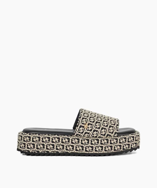 dune london Lanie - Black White Monogram Print Slip On Flatform Slider