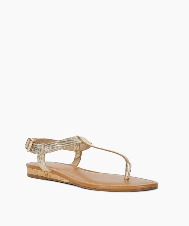 Dune London Lari - Gold Reptile Metallic Leather Cork Wedge Sandals