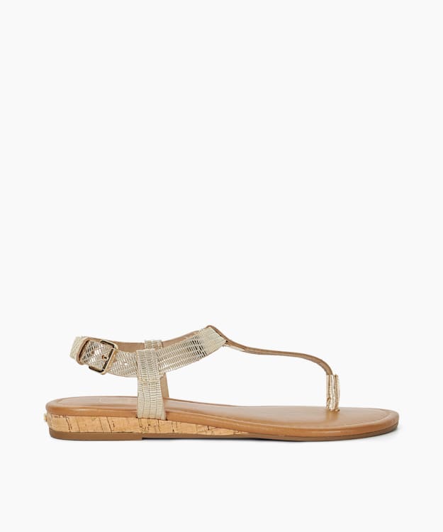 dune london Lari - Gold Reptile Metallic Leather Cork Wedge Sandals