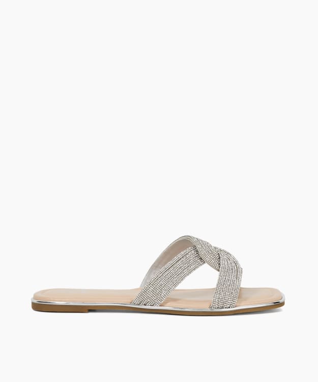 dune london Lavenham - Silver Diamante Flat Heel Sandals