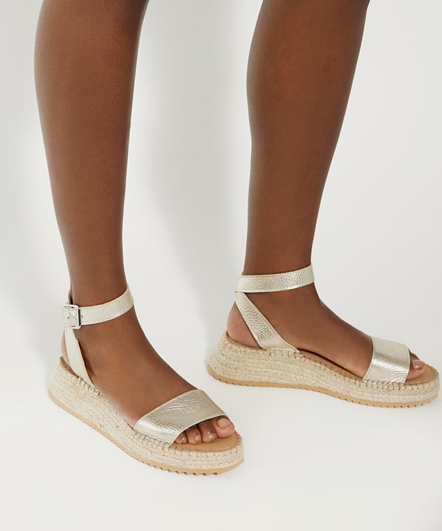 Dune London Layney - Gold Leather Raffia Flatform Sandals
