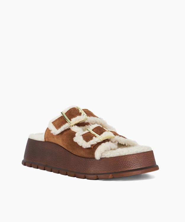 Dune London Lazio - Tan Faux Shearling Lined Suede Double Strap Sandals