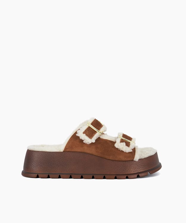 dune london Lazio - Tan Faux Shearling Lined Suede Double Strap Sandals