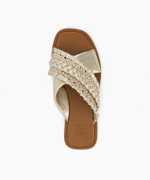 Dune London Leaves - Gold Flat Leather Cross-over Sandals
