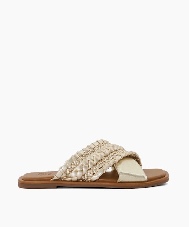 dune london Leaves - Gold Flat Leather Cross-over Sandals