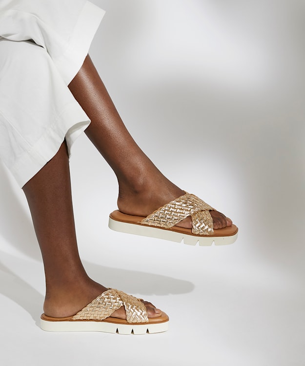 Dune London Lexey - Gold Woven Metallic Leather Sliders