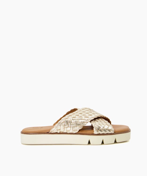 dune london Lexey - Gold Woven Metallic Leather Sliders