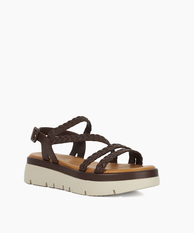 Dune London Lexture - Brown Woven Leather Asymmetric Strap Flatform Sandals
