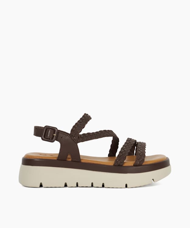 dune london Lexture - Brown Woven Leather Asymmetric Strap Flatform Sandals