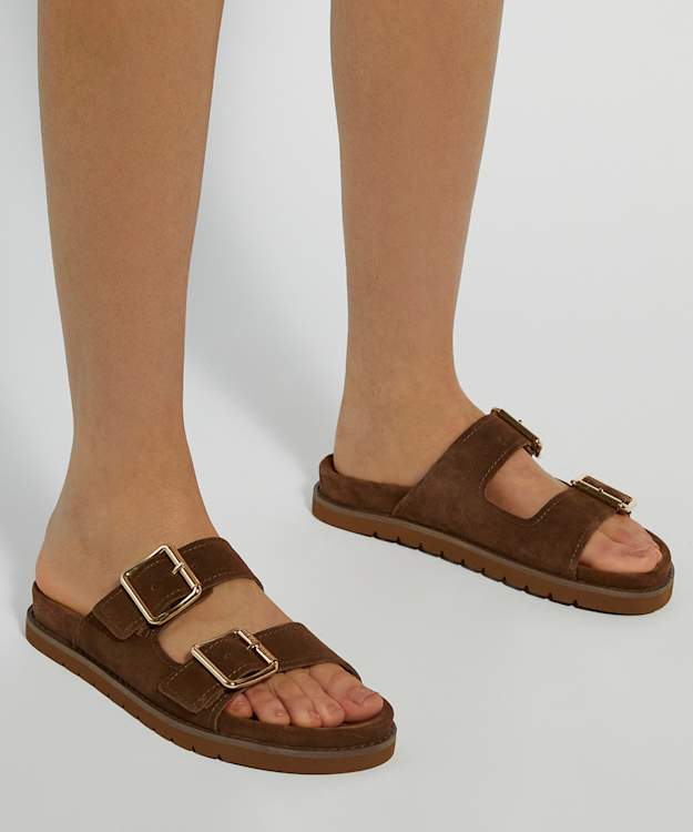 Dune London Lilahs - Tan Suede Double Strap Slip On Sandals