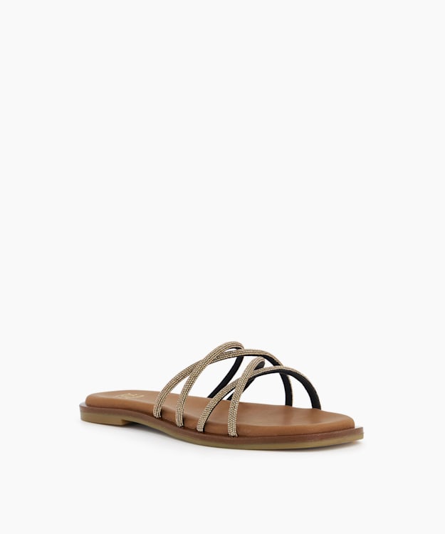 Dune London Lilybet - Bronze Diamante-Cross-Strap Flat Sandals