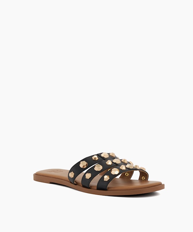 Dune London Little - Black Stud-Strap Leather Flat Sandals