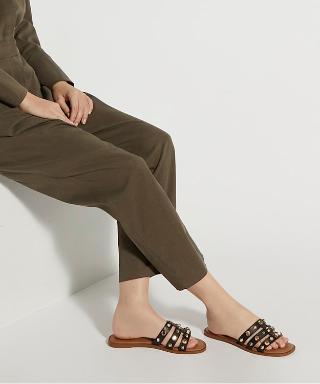 Dune London Little - Black Stud-Strap Leather Flat Sandals