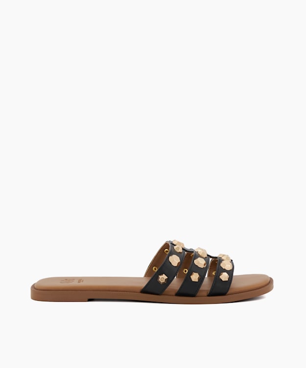 dune london Little - Black Stud-Strap Leather Flat Sandals