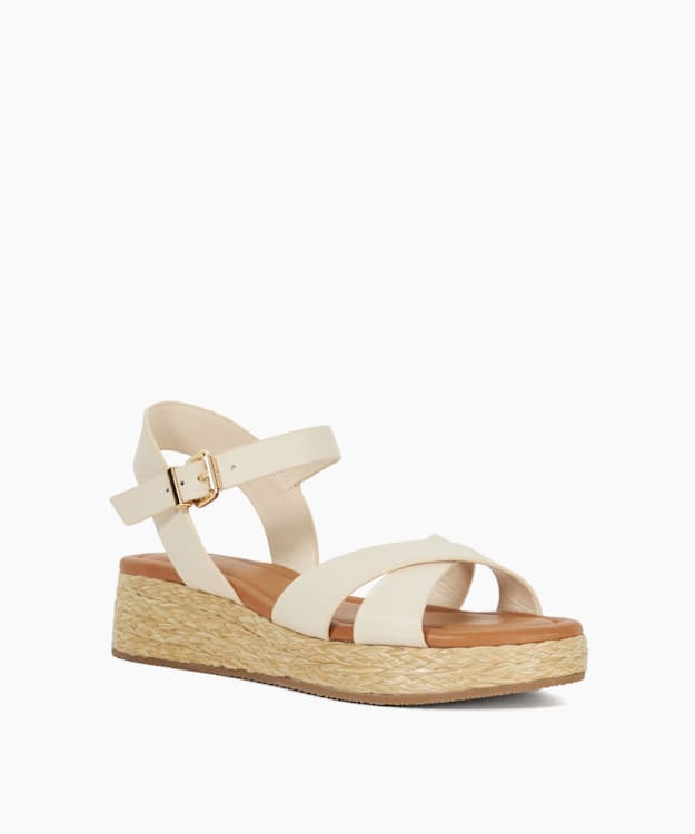 Dune London Littleton - Ecru Leather Raffia Flatform Sandals
