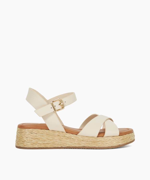 dune london Littleton - Ecru Leather Raffia Flatform Sandals