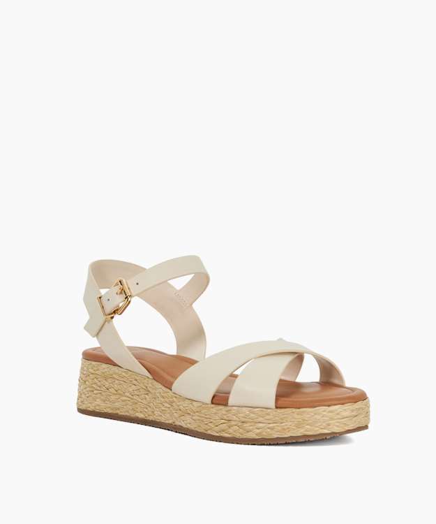Dune London Littleton - Ecru Wide Fit Leather Raffia Flatform Sandals