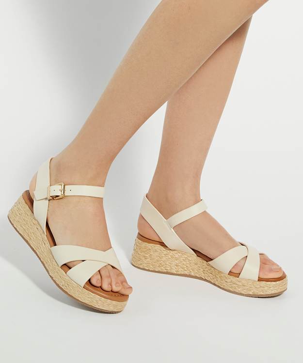 Dune London Littleton - Ecru Wide Fit Leather Raffia Flatform Sandals