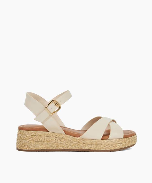 dune london Littleton - Ecru Wide Fit Leather Raffia Flatform Sandals