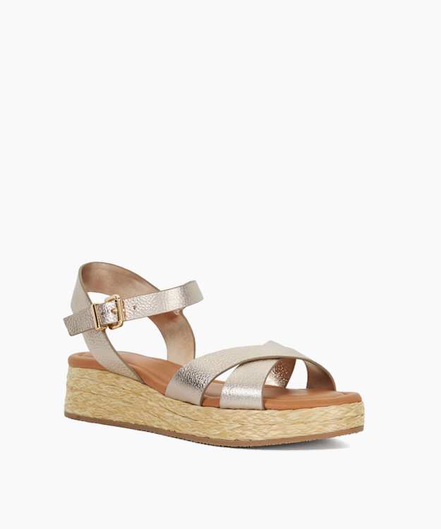 Dune London Littleton - Gold Leather Raffia Flatform Sandals