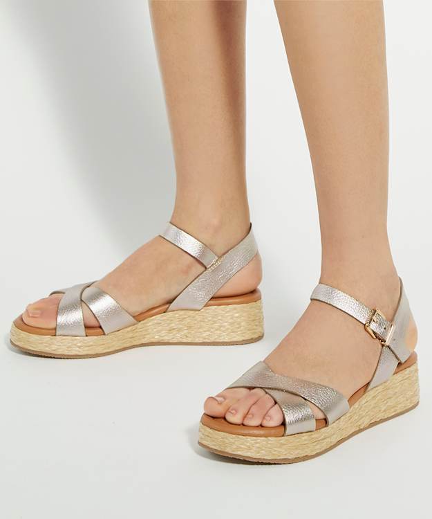 Dune London Littleton - Gold Leather Raffia Flatform Sandals