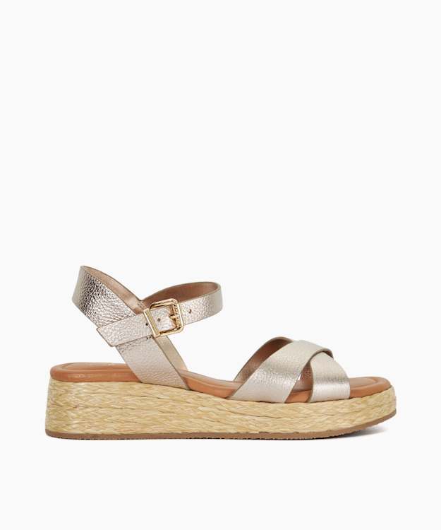 dune london Littleton - Gold Leather Raffia Flatform Sandals