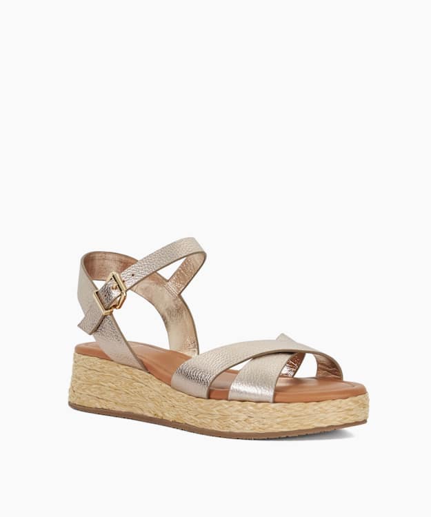 Dune London Littleton - Gold Wide Fit Leather Raffia Flatform Sandals
